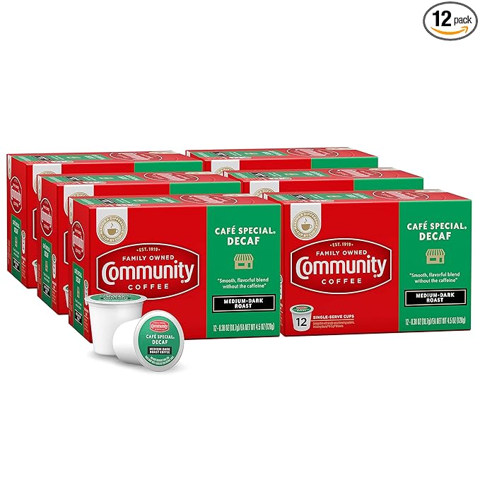 Community Coffee Cafe Special Decaf 72 Count Coffee Pods, Medium Dark Roast Decaf, Compatible with Keurig 2.0 K-Cup Brewers, 12 Count (Pack of 6)