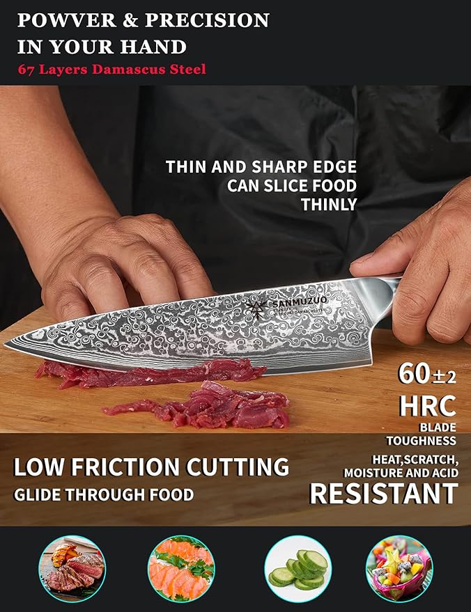 SANMUZUO Chef Knife - 8 inch - Xuan Series - VG10 Damascus Steel Kitchen Knife - Resin Handle (Sunset Red)
