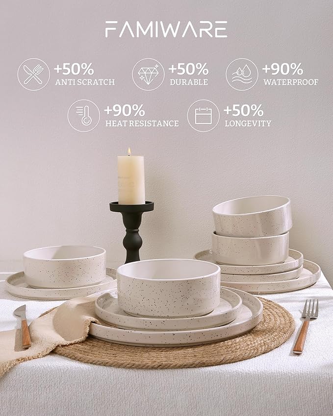 Famiware Nebula 24-Piece Stoneware Dinnerware Set, Creamy White