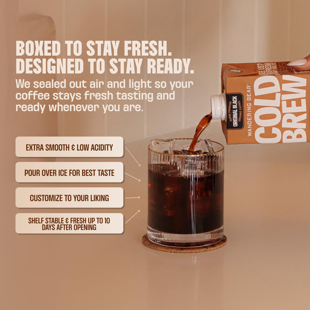 Wandering Bear Decaf Cold Brew Coffee - Bold, Smooth, No Sugar Added, Shelf-Stable, Ready to Drink, Gluten Free & Vegan Decaf Iced Cold Brewed Coffee Drink - 32 fl oz, 3 pack
