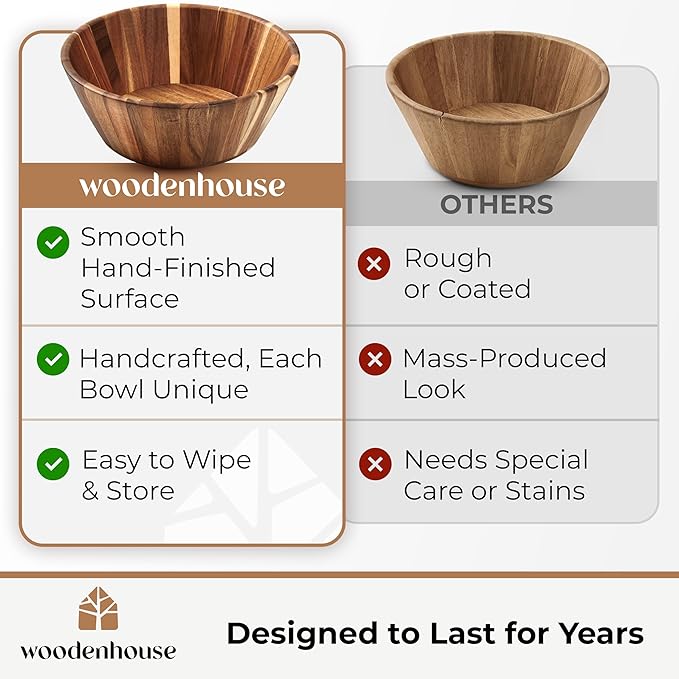Wooden Salad Bowl, 12" Round Wood Bowl for Fruit & Serving