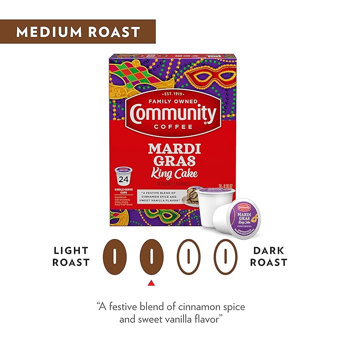 Community Coffee Mardi Gras King Cake Flavored 12 Count Coffee Pods, Medium Roast, Compatible with Keurig 2.0 K-Cup Brewers, 12 Count (Pack of 1)