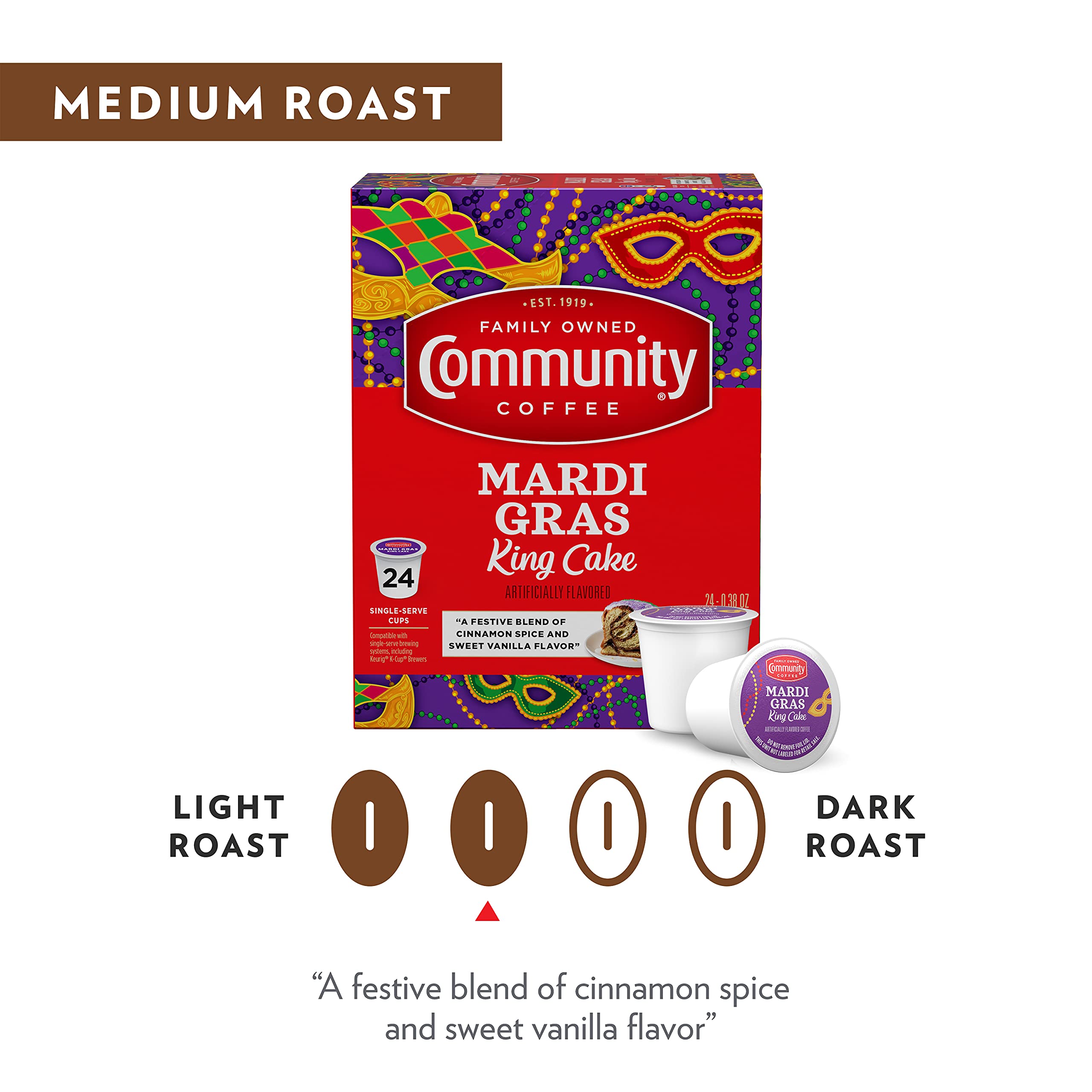 Community Coffee Mardi Gras King Cake Flavored 12 Count Coffee Pods, Medium Roast, Compatible with Keurig 2.0 K-Cup Brewers, 12 Count (Pack of 1)