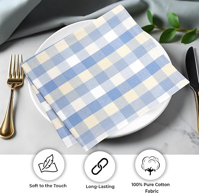 Urban Villa Cloth Napkins Cotton 20x20 (Set of 12) Blue Sand Checks
