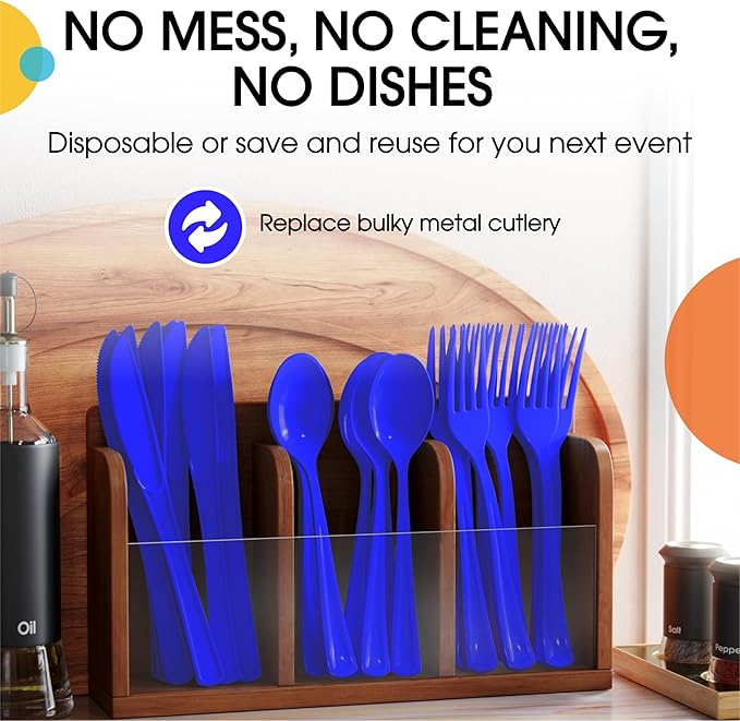 Party Solids Dark Blue Plastic Silverware Heavy Duty 300 Pieces Dark Blue Disposable Silverware Heavy Duty, Utensil Sets, 100 Of Each Forks, Knives & Spoons Disposable Cutlery Set For Party Supplies