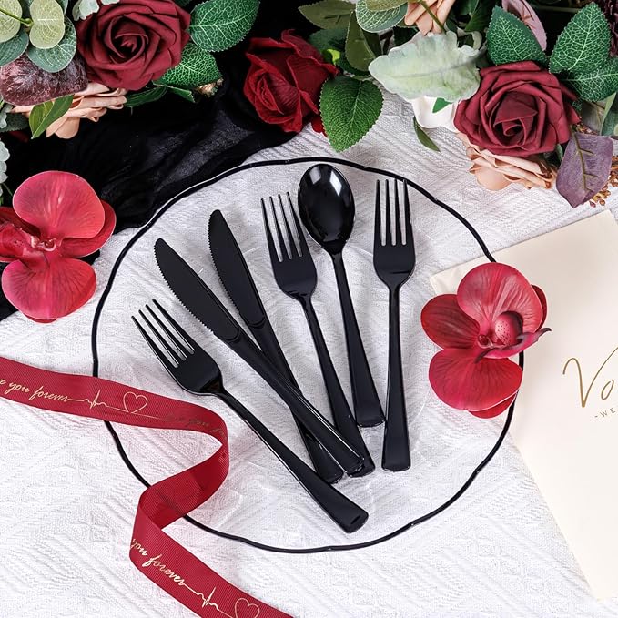 Supernal 300pcs Black Plastic Silverware, Disposable Cutlery Set