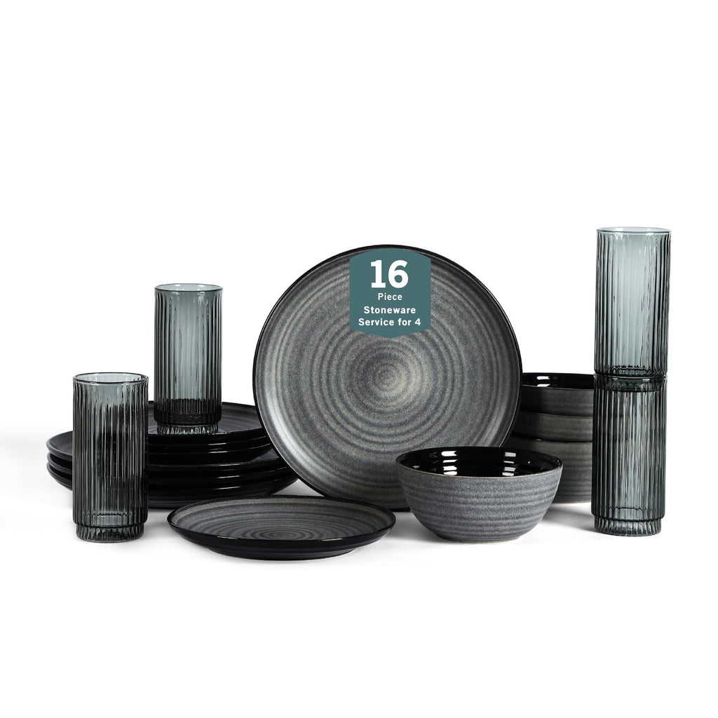 Stone Lain Dua 16-Piece Dinnerware Set Stoneware, Borosilicate Glass, Black