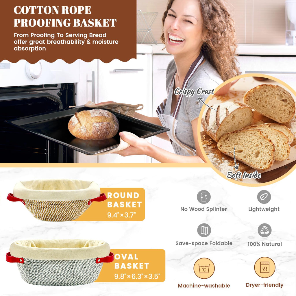 HASHMUST 33 Pcs Sourdough Starter Kit, Sourdough Bread Baking Supplies, 9'' Round & 10" Oval Cotton Rope Banneton Bread Proofing Basket Kit, Beginner Friendly Bread Making Tools with Starter Jar