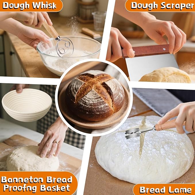 Dimpola Banneton Bread Proofing Basket Banneton Basket Set Sourdough Proofing Basket Round Proofing Bowls Handmade Rattan Baskets and Liners (Round of 1 Gift Set)