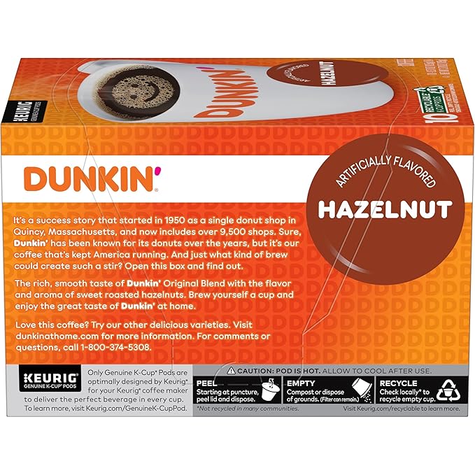 Dunkin’ Hazelnut Artificially Flavored Coffee, Keurig K-Cup Pods, 60 Count