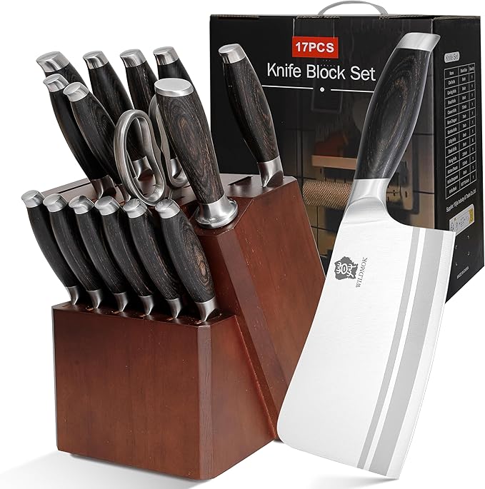 WILDMOK Kichen Knife Block Set, 17-piece Knife Set with Wooden Block German Steel Kitchen Knives Sets with Bone Chopper, Gift Box