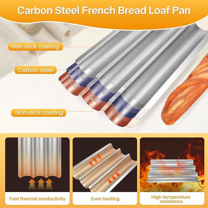 Barlket Baguette Pan 2 Pack, Silver Baguette Tray Perforated for Home Baker