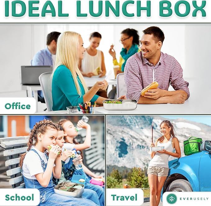 Stainless Steel Bento Box + Condiment Container - Green, 60oz / 1.8 L