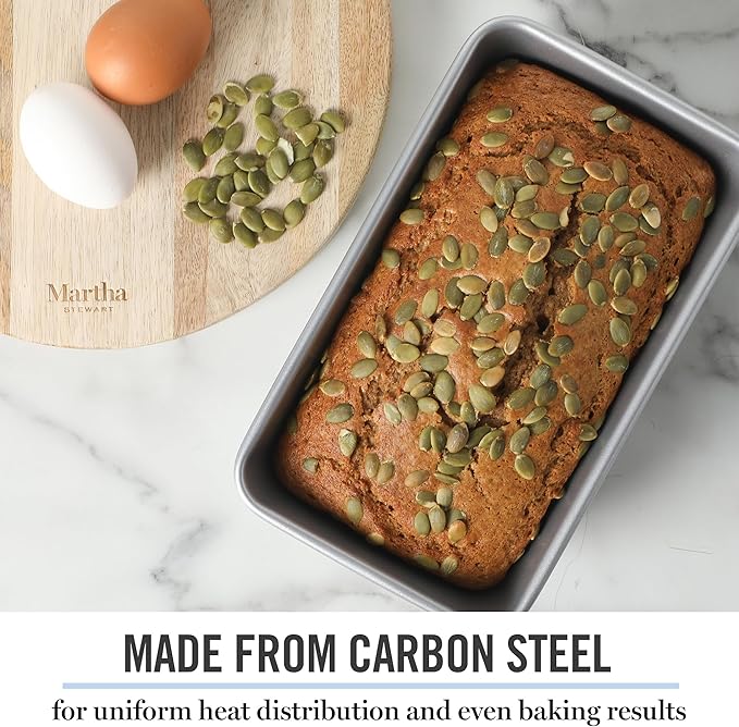 Martha Stewart Gallen 9 Inch Nonstick Carbon Steel Loaf Pan - Silver Durable Bakeware for Bread, Meatloaf & Cakes
