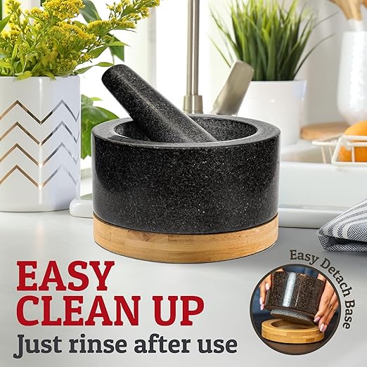 PriorityChef Heavy Duty Mortar and Pestle Set with Bamboo Base, 100% Natural Granite Stone Grinder, Guacamole Bowl and Masher, 4 Cups, Black