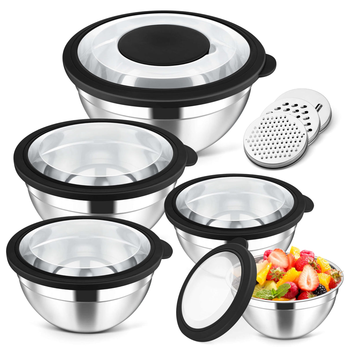 Herogo 5-Piece Mixing Bowls with Airtight Clear Lids, 3 Grater Attachments, Stainless Steel Large Bowls of 5 for Kitchen, Size 4.6, 3.5, 2.5, 2, 1.5QT Ideal for Mixing and Serving, Blue