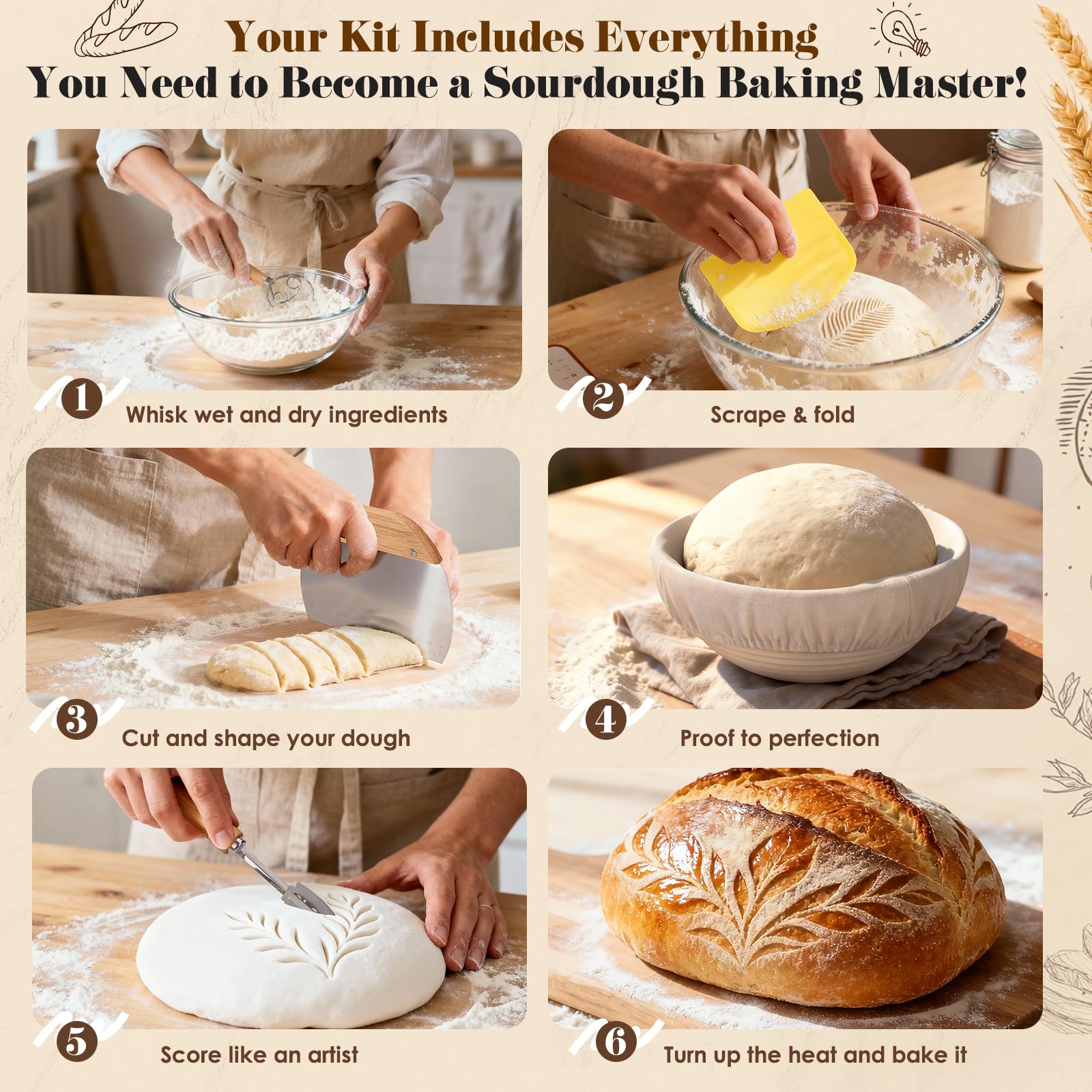 Sourdough Starter Kit with Sourdough Starter Jar, 9"Round and 10"Oval Rattan Banneton Bread Proofing Basket Set, Sourdough Baking Tools, Bread Making Supplies Gift for Bakers
