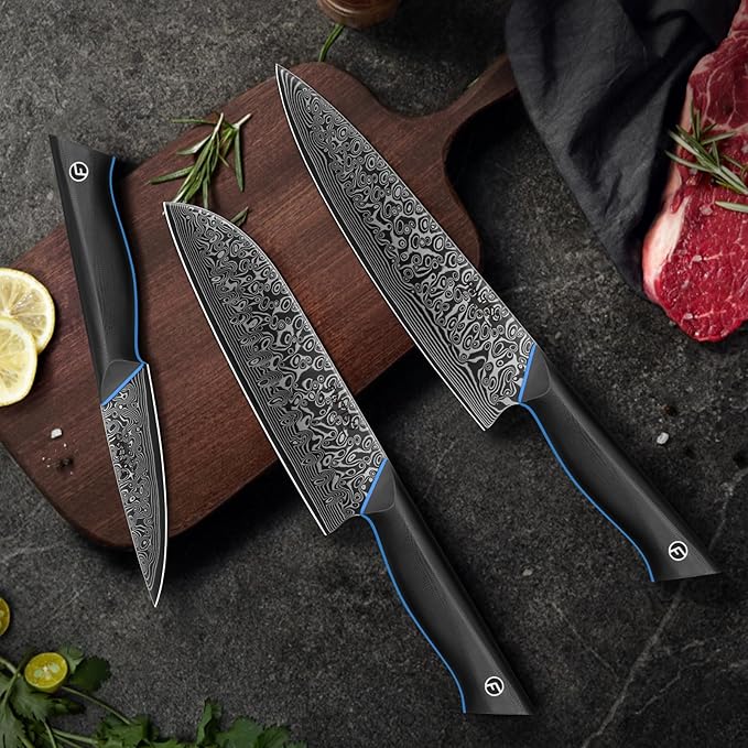 3 Piece Kitchen Knife Set, 67-Layer Damascus Steel, Ergonomic G10 Handle