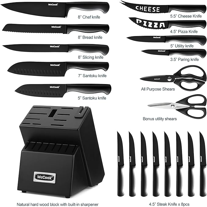 McCook® Premium Black Knife Sets,German Stainless Steel Kitchen Knives Block Set with Built-in Sharpener, 20-Piece Razor-Sharp Kitchen Knives with Ergonomic Handles, Elegant Box for Gift, Black