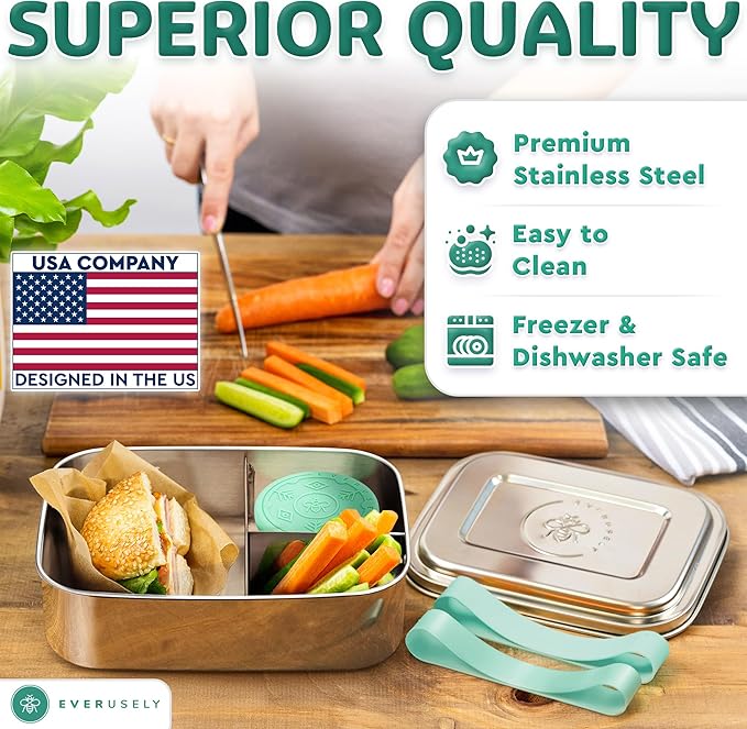 Stainless Steel Bento Box + Condiment Container - Green, 60oz / 1.8 L
