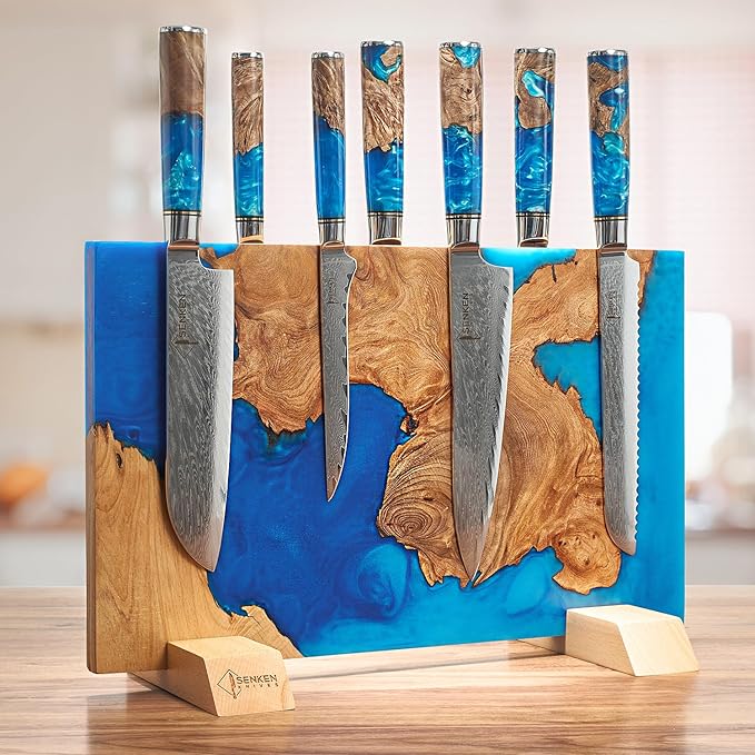 SENKEN "Tsunami" Extra Large Magnetic Knife Block - Holds Up to 16 Knives - Knife Block without Knives, Universal Knife Holder, Beautiful Blue Resin Burl Wood Blend ("Tsunami" Blue Resin Blend)