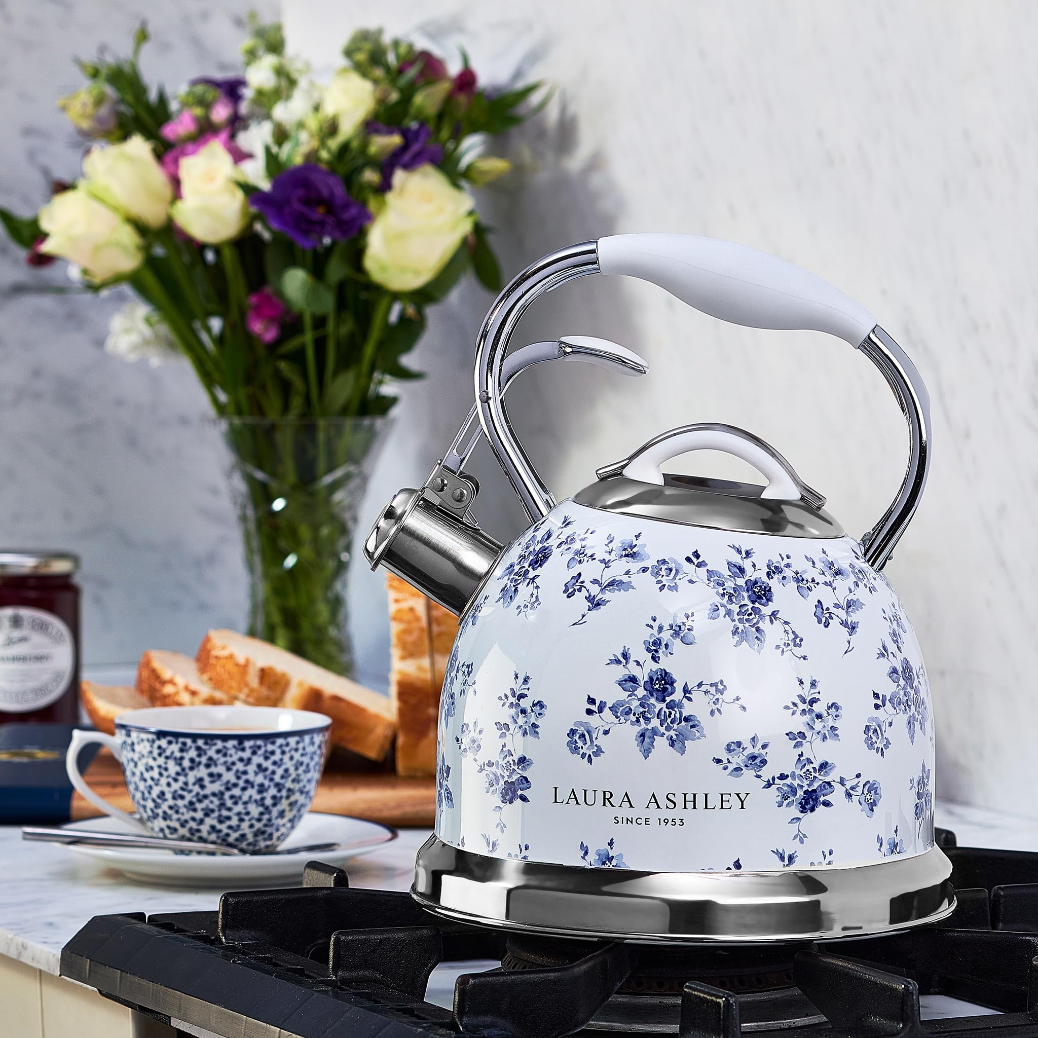 Laura Ashley China Rose Whistling Tea Kettle Stovetop, Tea Pot for Stove