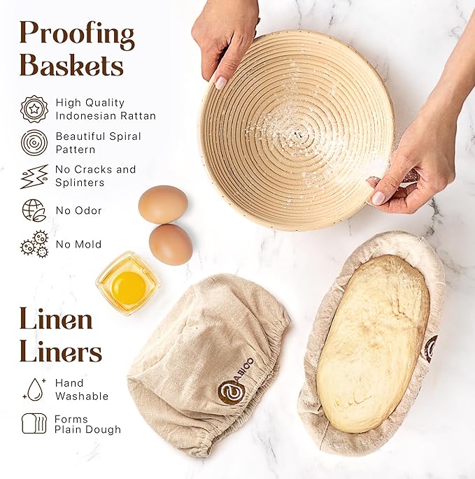 ABIOTO Banneton Baskets with Sourdough Bread Baking Supplies - 17-Piece Kit
