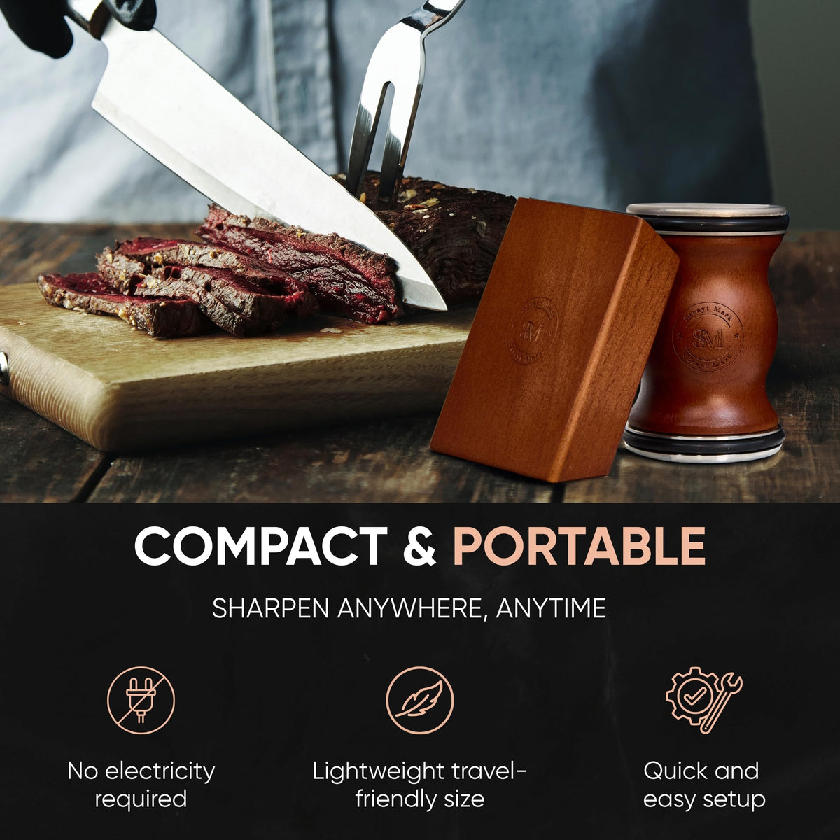 Strayt Mark Rolling Knife Sharpener Kit – Premium Walnut Wood Kitchen Knife Sharpener for 15° & 20° Edge - Magnetic Knife sharpener with Diamond & Stainless Disc #1000/#3000