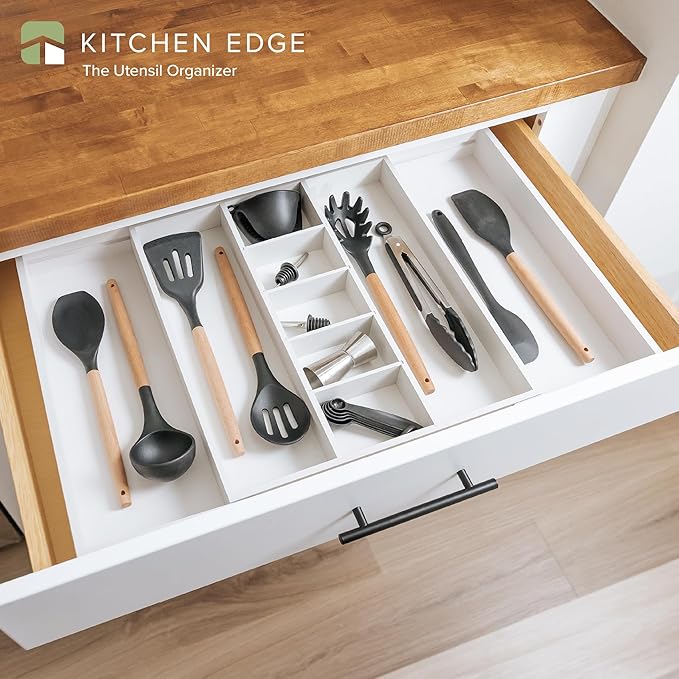 KitchenEdge Utensil & Junk Drawer Organizer, 16-28 in, White Bamboo