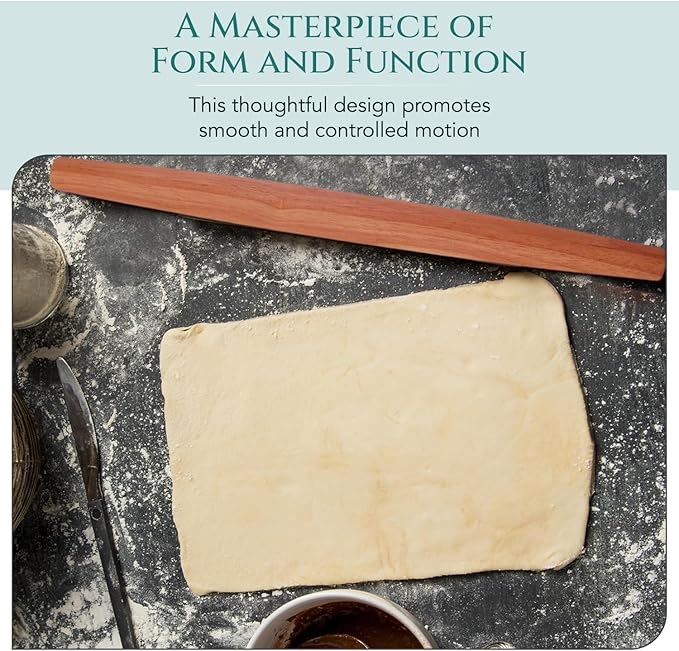 Mahogany French Rolling Pin | Non-Stick Kitchen Tool | Tapered Solid Wood Design for Precise Baking | Ideal for Professional & Home Bakers