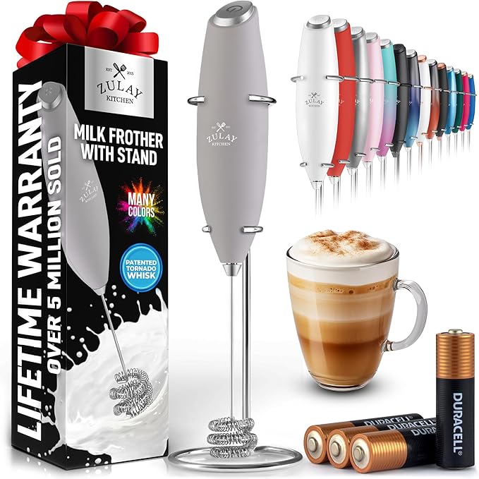 Zulay Kitchen Powerful Milk Frother Wand With Duracell Batteries - Ultra Fast Handheld Drink Mixer - Electric Whisk Foam Maker for Coffee, Lattes, Cappuccino & Matcha - Triple Whisk - Pewter Gray