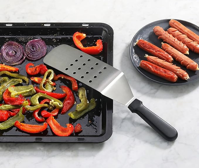 New Star Foodservice 14.5 Inch Perforated Flexible Grill Turner, Stainless Steel Spatula with Black Plastic Handle for Griddle, Flat Top, Grill, and Restaurant Use