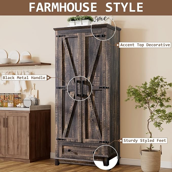 LUXOAK Farmhouse Kitchen Pantry Cabinet, 72" Tall Storage Cabinet with Adjustable Shelves & Barn Doors, Freestanding Kitchen Cupboard for Dining Room, Living Room, Dark Rustic Oak