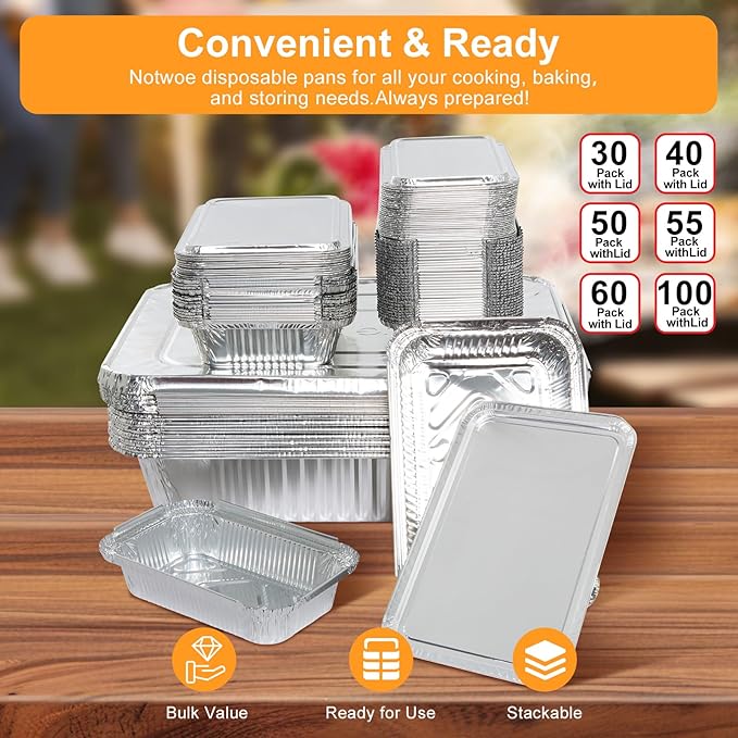 Notwoe® 30pc Disposable Aluminum Pans With Lids, 9x13 (10pc) And 8.2x5.7 Rectangle (20pc) Combo Set, Disposable Baking and Cake Pan. (30)