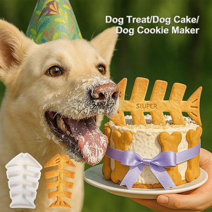 SIUPER 7.5IN Big Fish Bone Dog Cat Treat Mold 1 Pack, DIY Flavors for Puppy. Food Safe Silicone for Oven. Large Ice Cube Mold for Pet Chew, Cooling. Pets Birthday Cake Baking. Fun Gift for Dog Lover