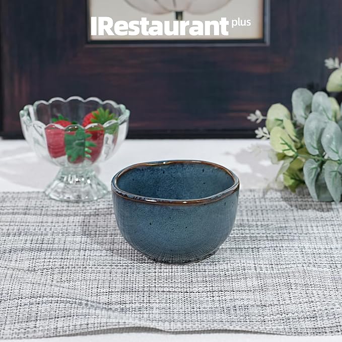 Organic Shape Highland Ceramic Bouillon Cup, 24pcs 9oz Handmade Reactive Glaze Stoneware Dip Bowls with Wavy Edge, for Kitchen, Microwave & Dishwasher Safe, Scratch Resistant-Blue