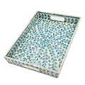 PEMAR Rectangular Mother of Pearl Serving Tray Nacre Wood Lap Ottoman Tray for Coffee Table, Luxury Decorative Handmade Eating Platters w Insert Handles (Teal Floral Pattern)