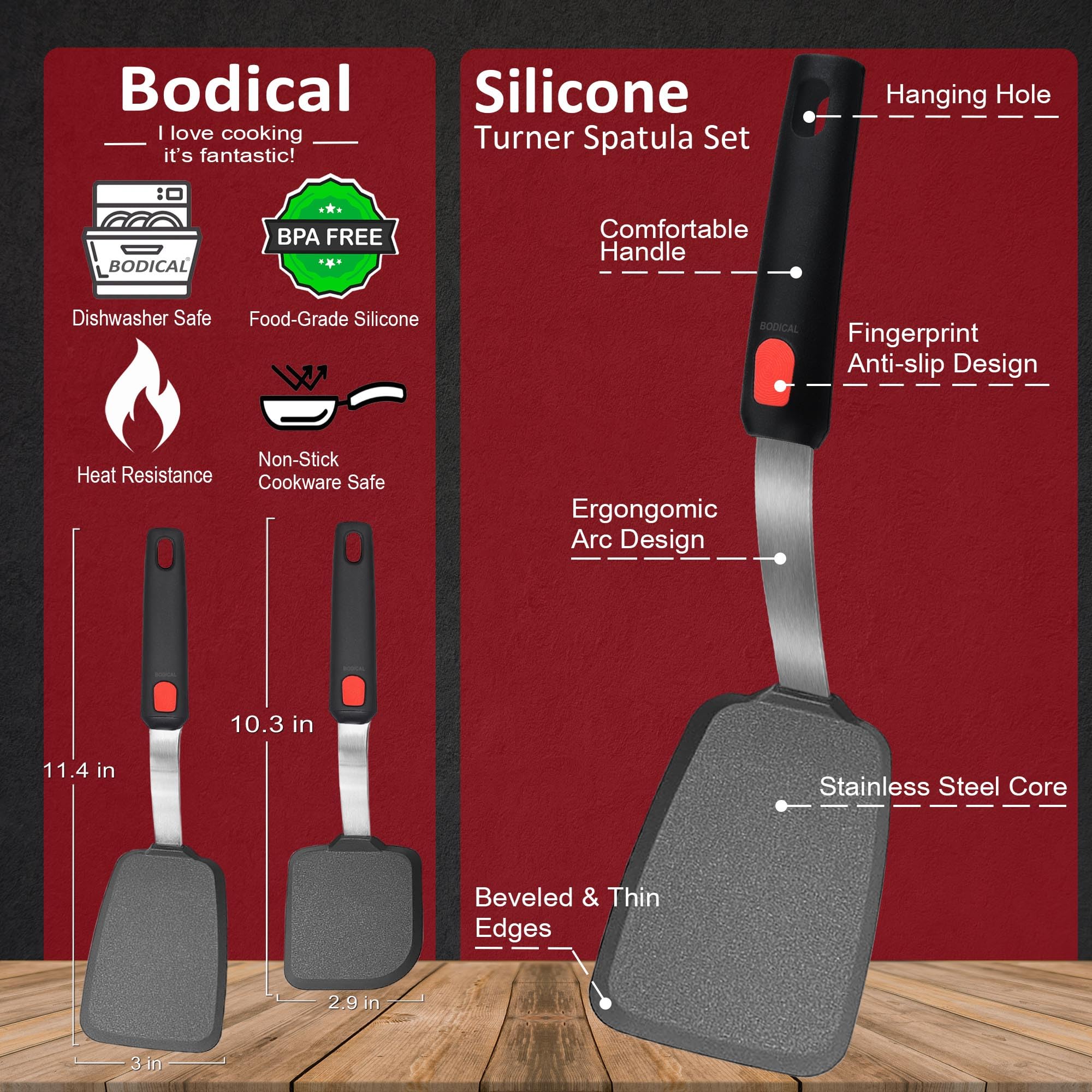2 Pack Silicone Spatula Turner, 600°F Heat Resistant Kitchen Spatula Set for Nonstick Cookware, Cooking Utensil Set for Egg Pancake Flipper/Heat Resistant Silicone Grip