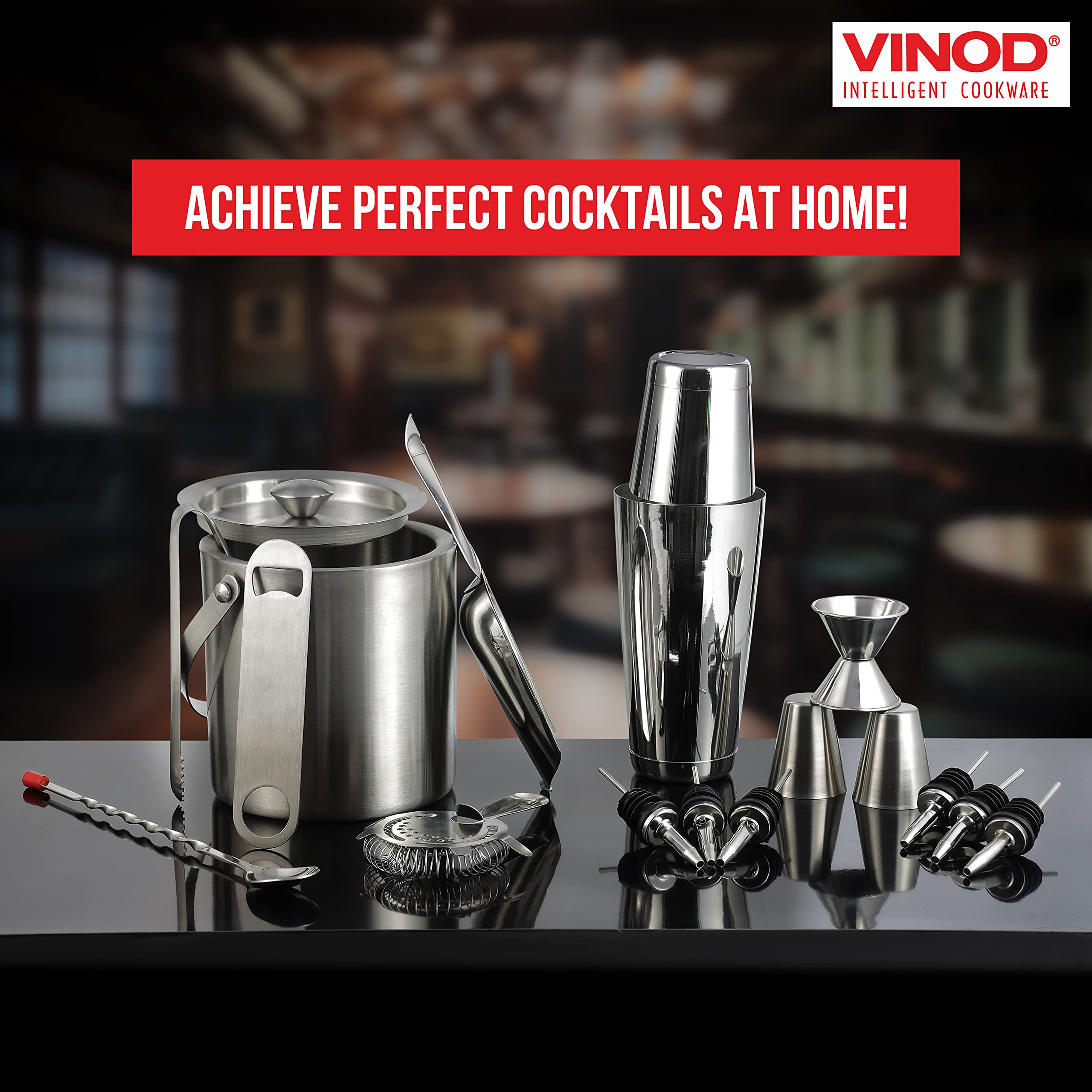 Vinod Stainless Steel Cocktail Set, 17-Piece Bar Accessories, for Parties