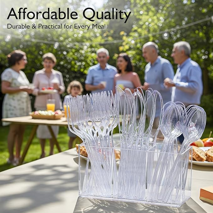 [300 Count] Clear Heavy Duty Plastic Spoons, Disposable Silverware Spoons Bulk, Plastic Cutlery Utensils Set, Solid