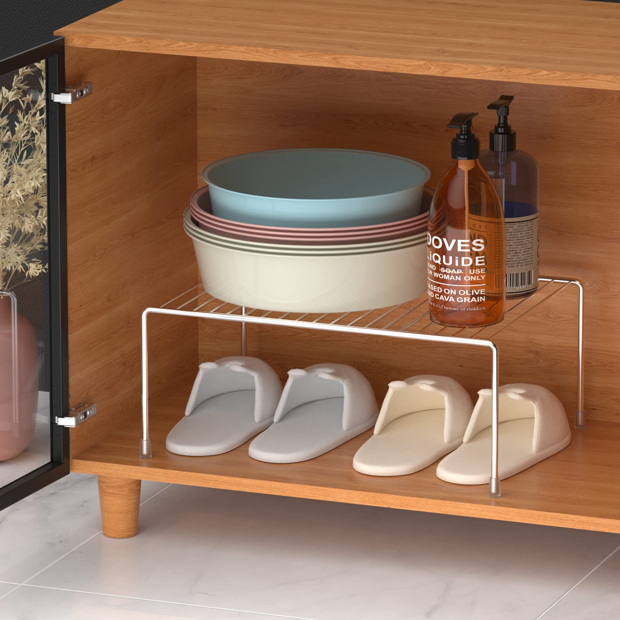 iPEGTOP Kitchen Cabinet Storage Shelf Rack, Set of 2 Large (15.7 x 9.4 Inch) Rustproof Metal Wire Shelves Spice Shelf Rack Cupboard Organizer for Pantries Countertops Utensils Organization, Chrome