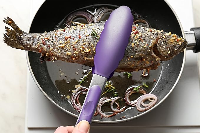 2 Pack Silicone Kitchen Tongs – 9" & 12" Set, Heat Resistant up to 500°F, Non‑Stick Cookware Safe, Wavy Silicone Tips, BPA Free, Locking Clip & Hanging Loop, Purple