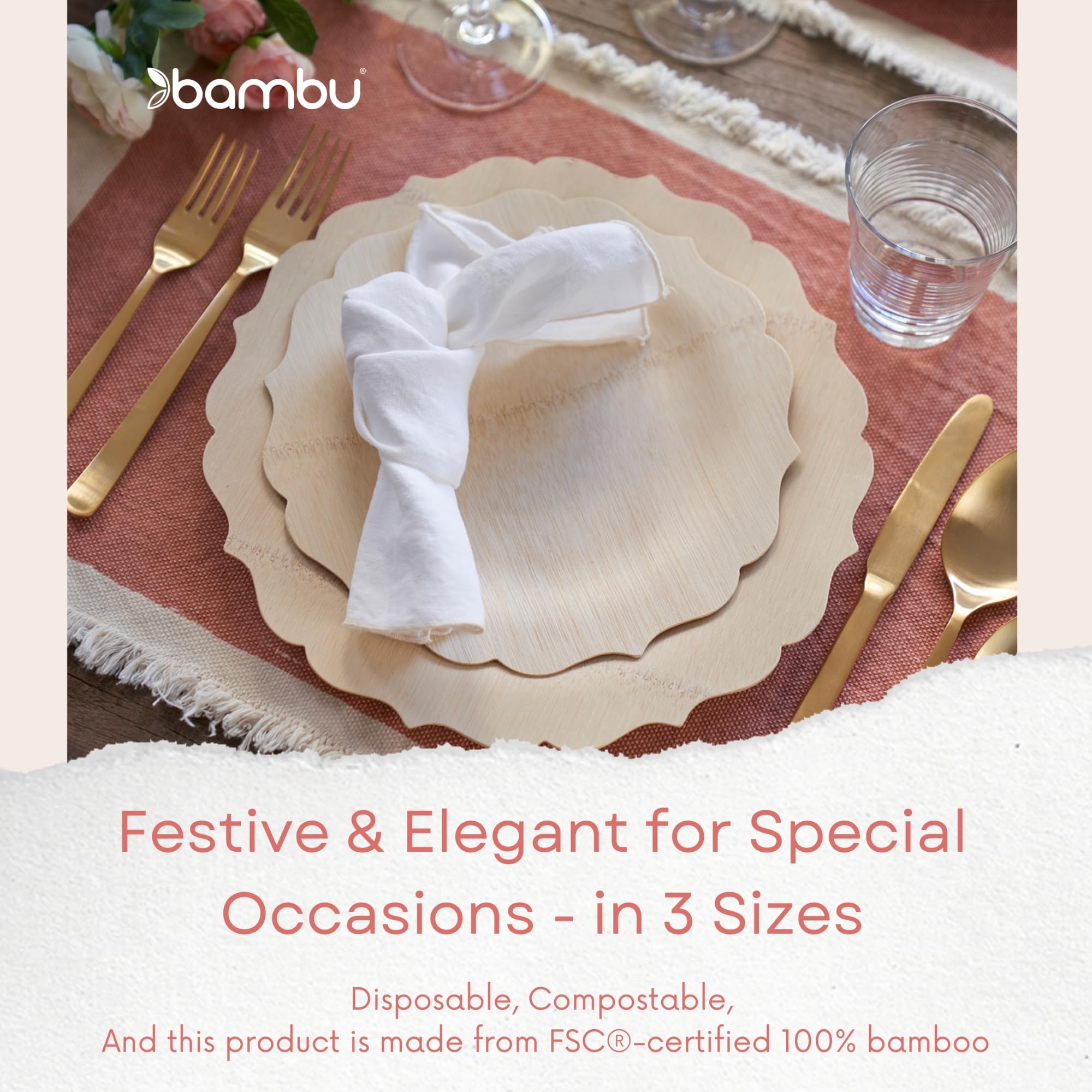 Bambu Pack of 8-9 Inch Disposable Bamboo Plates Fancy, Biodegradable Eco Friendly Products, Bamboo Disposable Plates for Party, Weddings, and Events, Great For Any Occasion, Compostable Plates