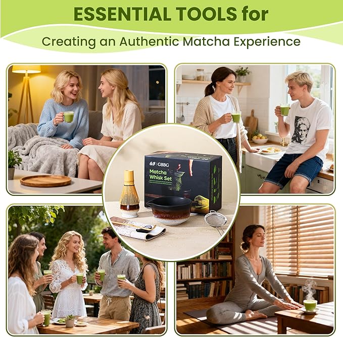 GBBG Matcha Whisk Set, Ceramic Matcha Kit Desert Style, Matcha Whisk and Bowl, Bamboo Scoop and Rest, Sifter and Tea Towel, 7 Pcs Gifts for Matcha Lover - Matte Black