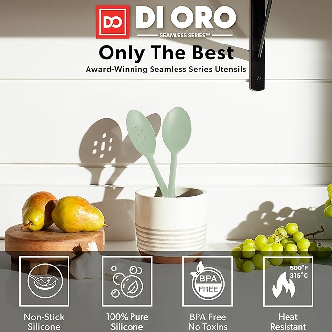DI ORO Silicone Cooking Spoons - Solid & Slotted Set, 2-Pc Sage