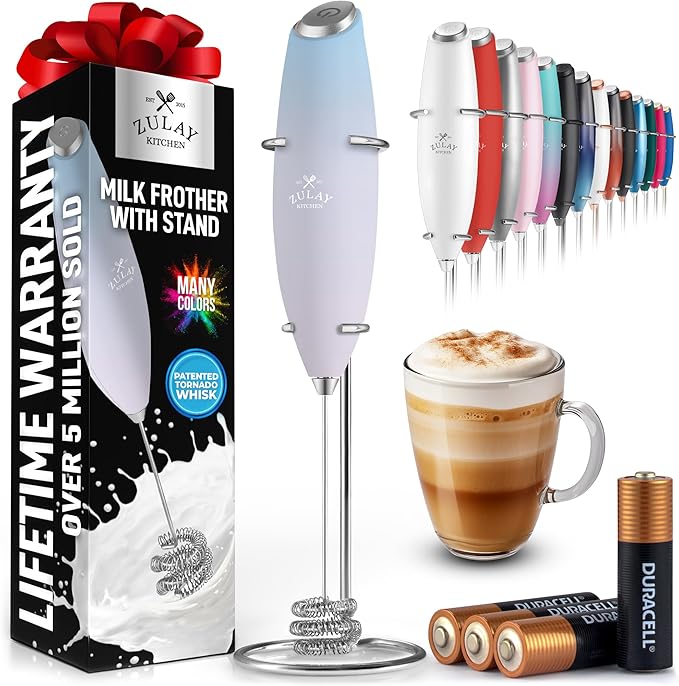 Zulay Kitchen Powerful Milk Frother Wand With Duracell Batteries - Ultra Fast Handheld Drink Mixer - Electric Whisk Foam Maker for Coffee, Lattes, Cappuccino & Matcha - Triple Whisk - Pale Cloud