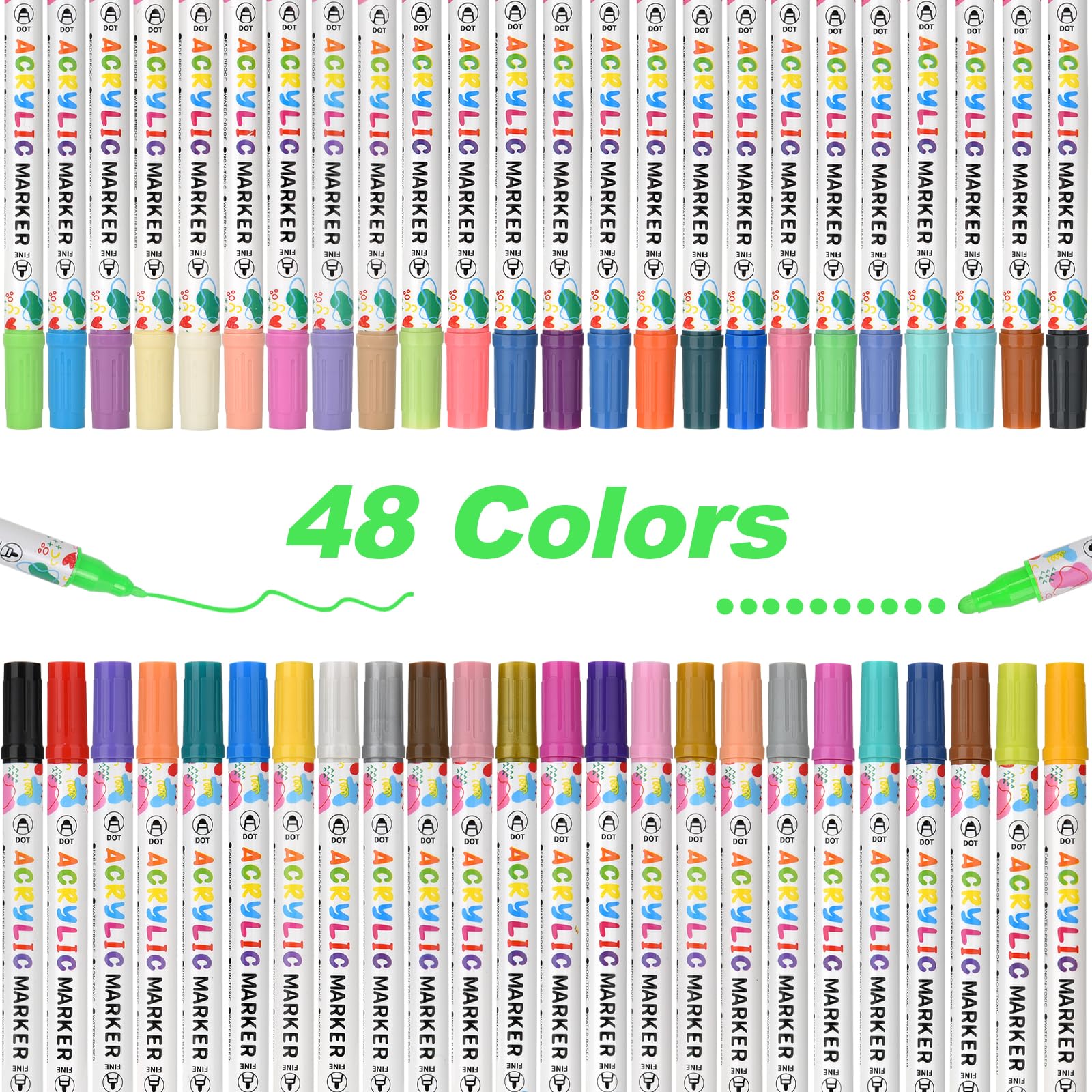 KEMYR 48 Colors Acrylic Paint Pens, Dual Tip Acrylic Paint Markers for Paper, Wood, Canvas, Stone, Rock Painting, Glass, Fabric, DIY, Ceramic, Art Supplies for Adults Drawing (Dot + Fine)