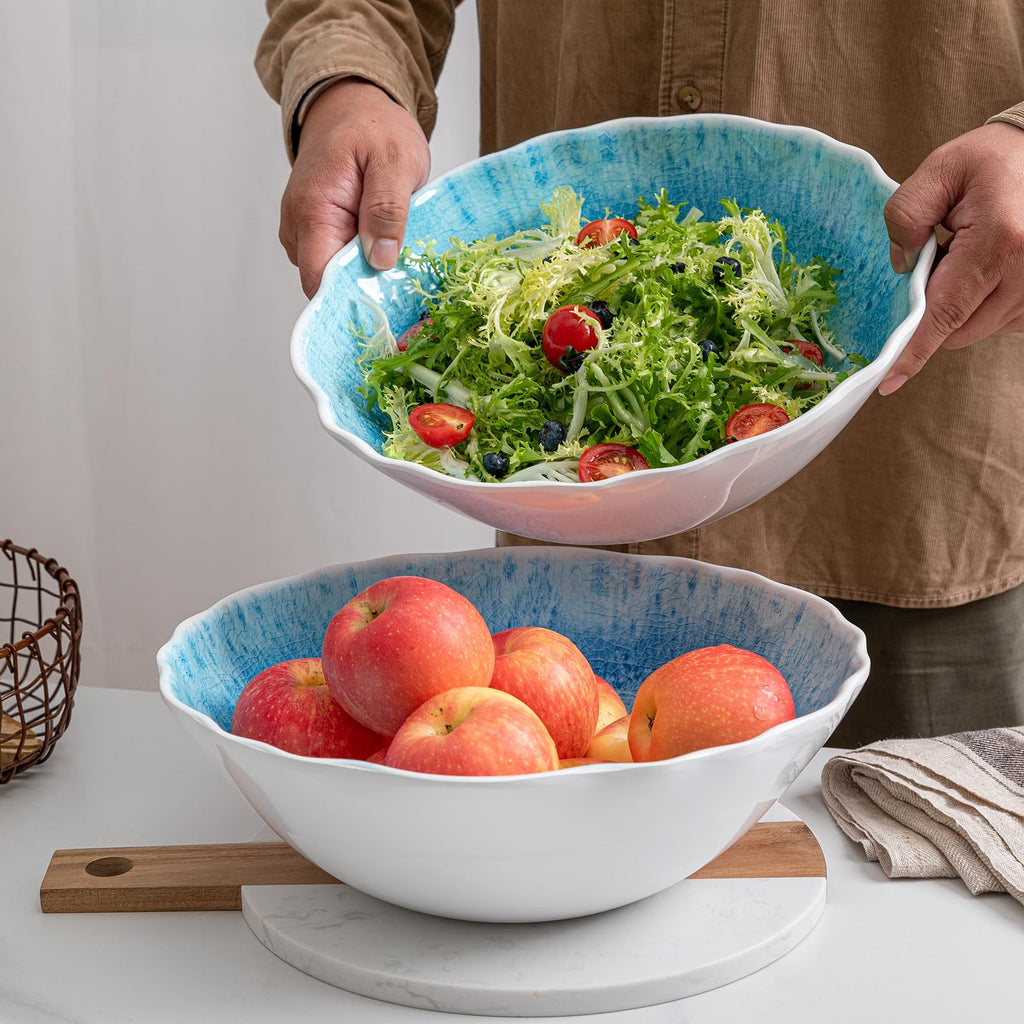 ZAROCRUS Melamine Serving Bowls, 12'' x 4'' Large Salad/Pasta/Mixing/Fruit Bowls, Set of 2 Break-resistant BPA Free Classic Melamine Bowls, Dishwasher Safe, Blue