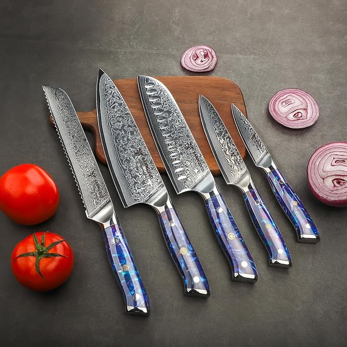SANMUZUO Chef Cooking Knives Set- Kitchen Knife Set of 5 Piece - Ultra-Sharp VG10 Damascus Steel & Resin Handle - Xuan Series (Sapphire Blue)