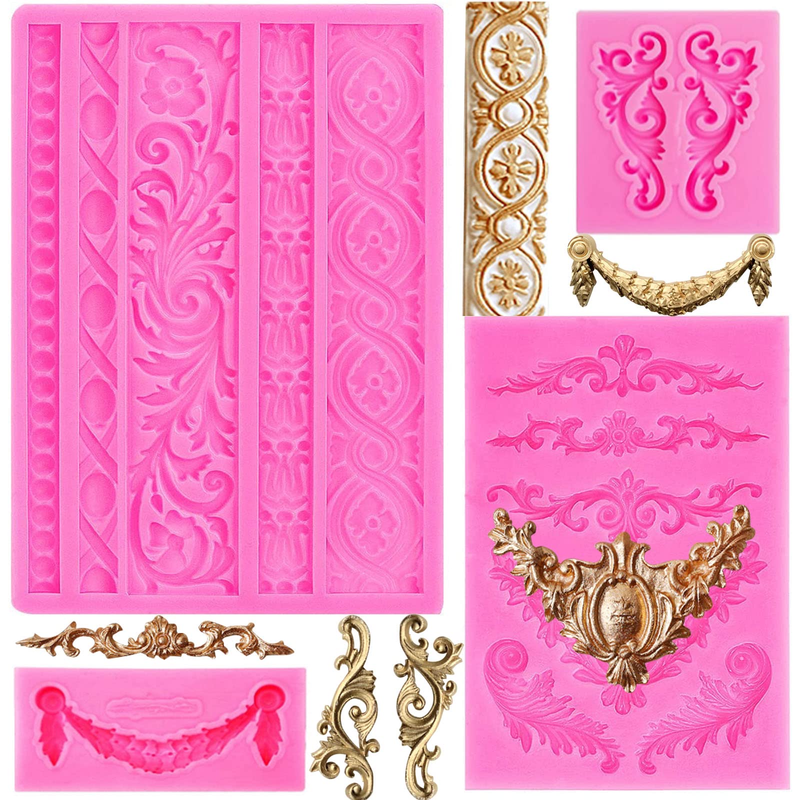 Rainmae 4 Pcs Baroque Fondant Silicone Molds, Relief Flower Lace Chocolate Mould, Scroll Lace Clay Mold, Filigree Mold 3D Sculpted Decoration, Cupcake Topper, Jewelry, Polymer Clay, Crafting Projects